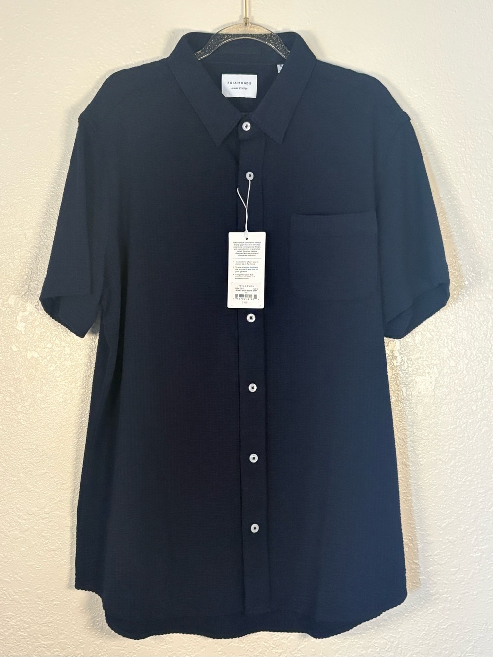 7 Diamonds 4-Way Stretch Button Up Shirt Men's Medium Navy Textured Short Sleeve